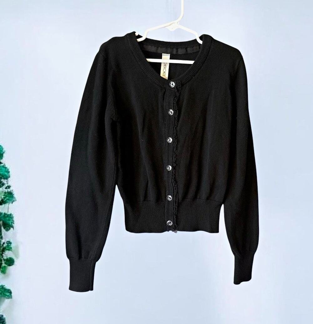 Cherokee Girls Cardigan Sweater Size M 7 8 Black Knit Ruffle Button Up